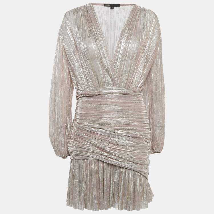 Pre Owned Maje Pink Metallic Lurex Knit Draped V-Neck Mini Dress L