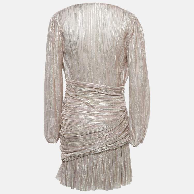 Pre Owned Maje Pink Metallic Lurex Knit Draped V-Neck Mini Dress L