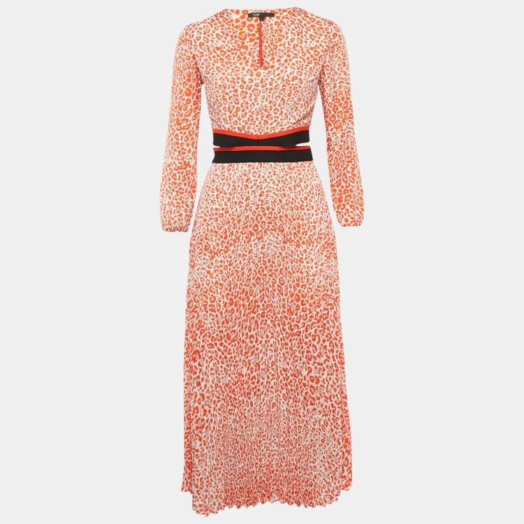 Pre Owned Maje Orange Leopard Print Crepe Waist Cut-Out Imprime Dress 