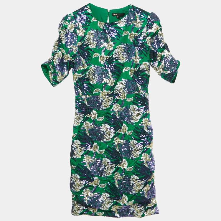 Pre Owned Maje Green Satin Blend Embroidered Sequin Mini Dress S