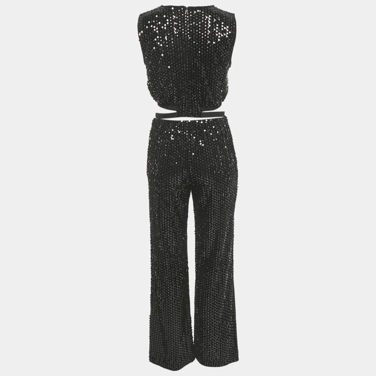 Pre Owned Maje Black Sequin Crop Top & Pants Set S