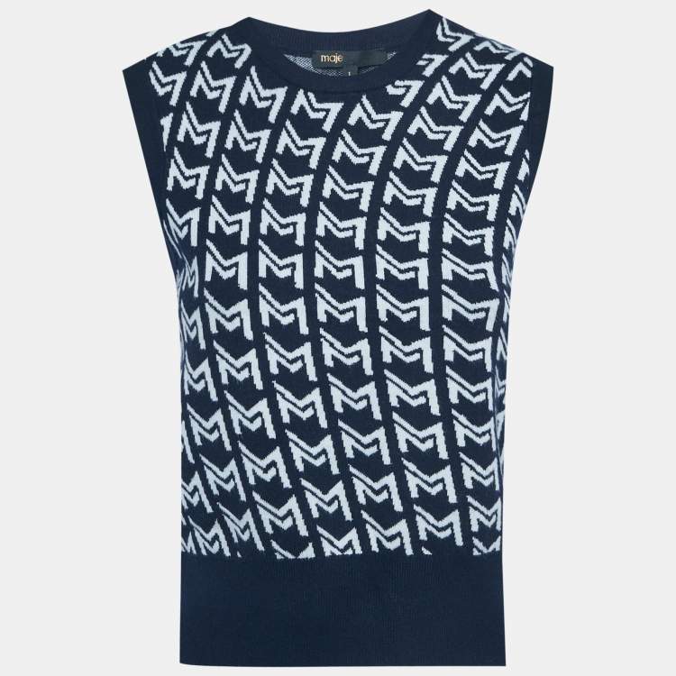 مملوكة مسبقًا Maje Blue Monogram Jacquard Sleeveless Sweater S