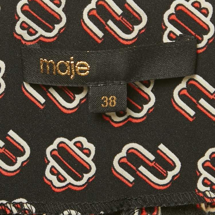 مملوكة مسبقًا Maje Black Logo Print Crepe Shirring Mini Dress M