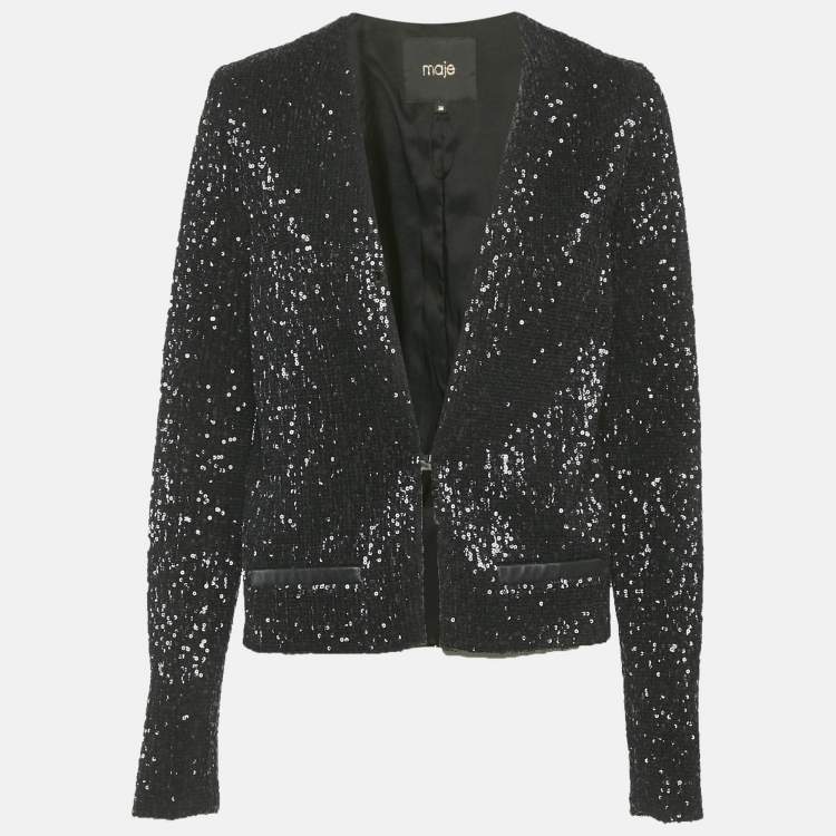 مملوكة مسبقًا Maje Black Sequin Cropped Jacket S