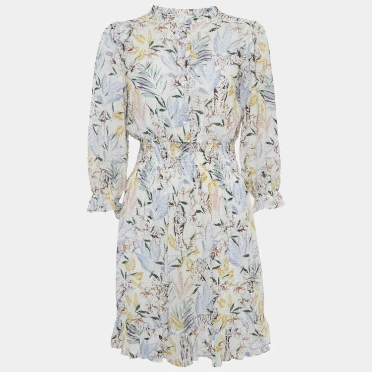 Pre Owned Maje White Floral Print Chiffon Ruffled Mini Dress L