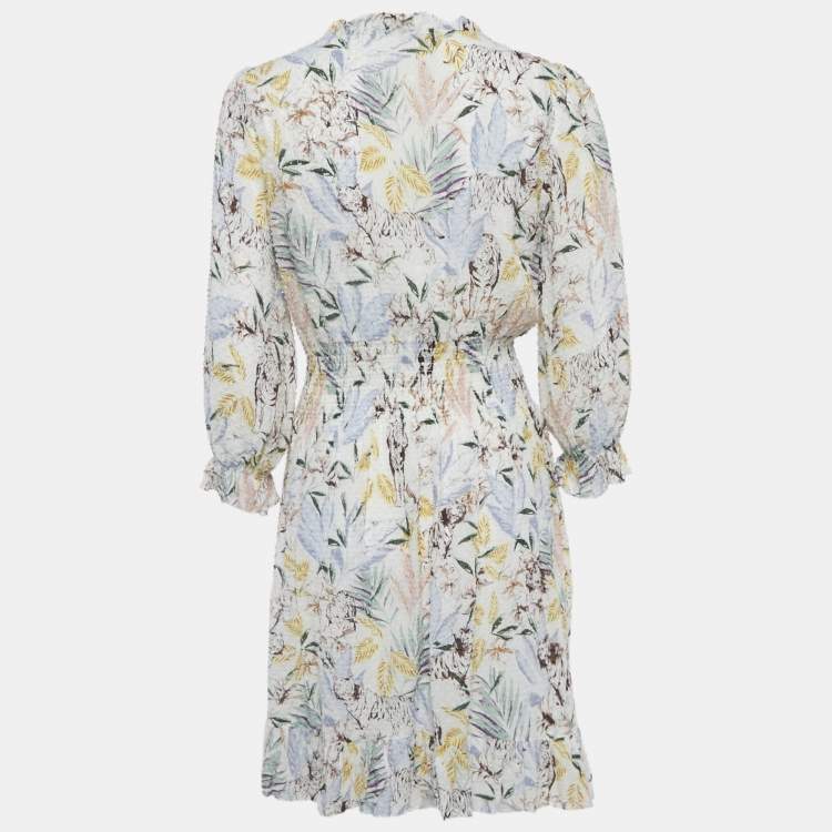 Pre Owned Maje White Floral Print Chiffon Ruffled Mini Dress L