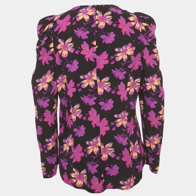 مملوكة مسبقًا Maje Black Floral Print Crepe Puff Sleeve Blouse L