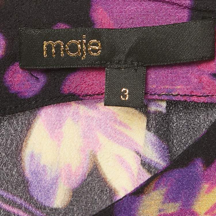 مملوكة مسبقًا Maje Black Floral Print Crepe Puff Sleeve Blouse L