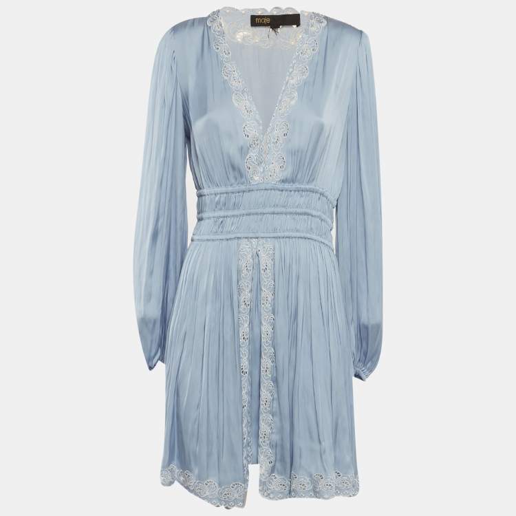 مملوكة مسبقًا Maje Blue Embroidered Satin Puff Sleeve Mini Dress M
