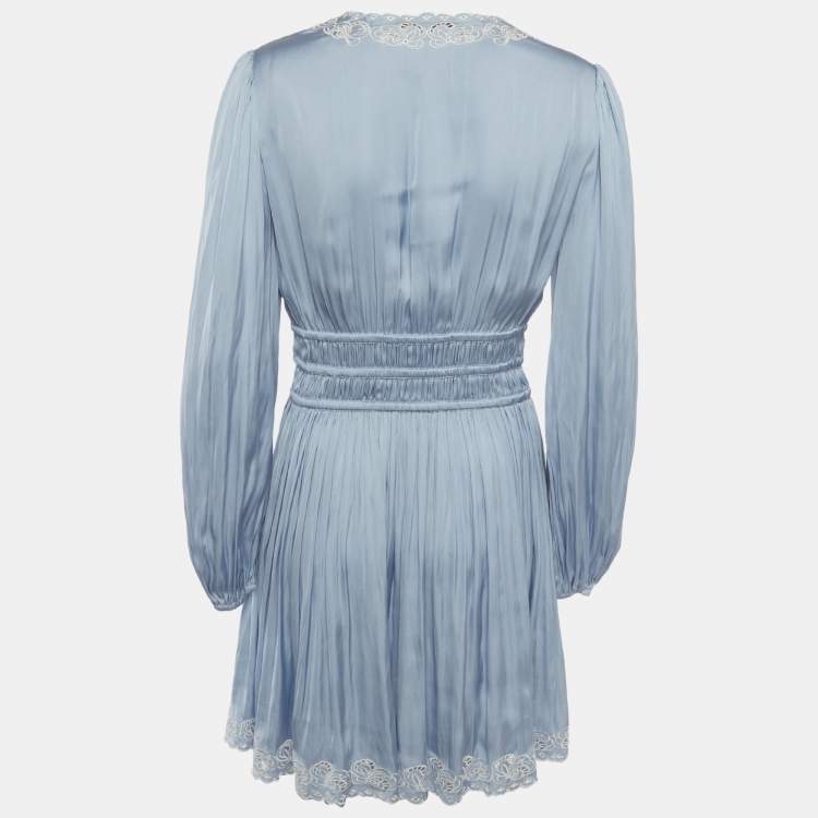 مملوكة مسبقًا Maje Blue Embroidered Satin Puff Sleeve Mini Dress M