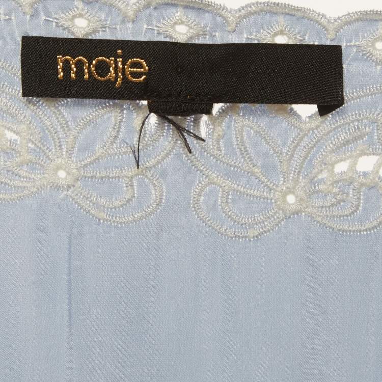 مملوكة مسبقًا Maje Blue Embroidered Satin Puff Sleeve Mini Dress M