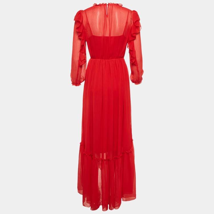 Pre Owned Maje Red Chiffon Ruffle Maxi Dress S
