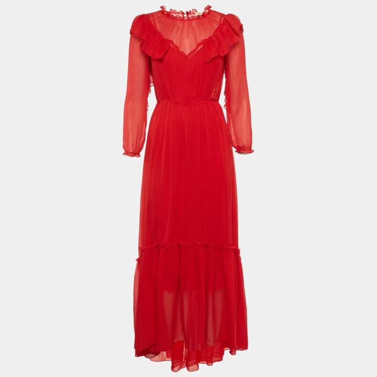 Pre Owned Maje Red Chiffon Ruffle Maxi Dress S