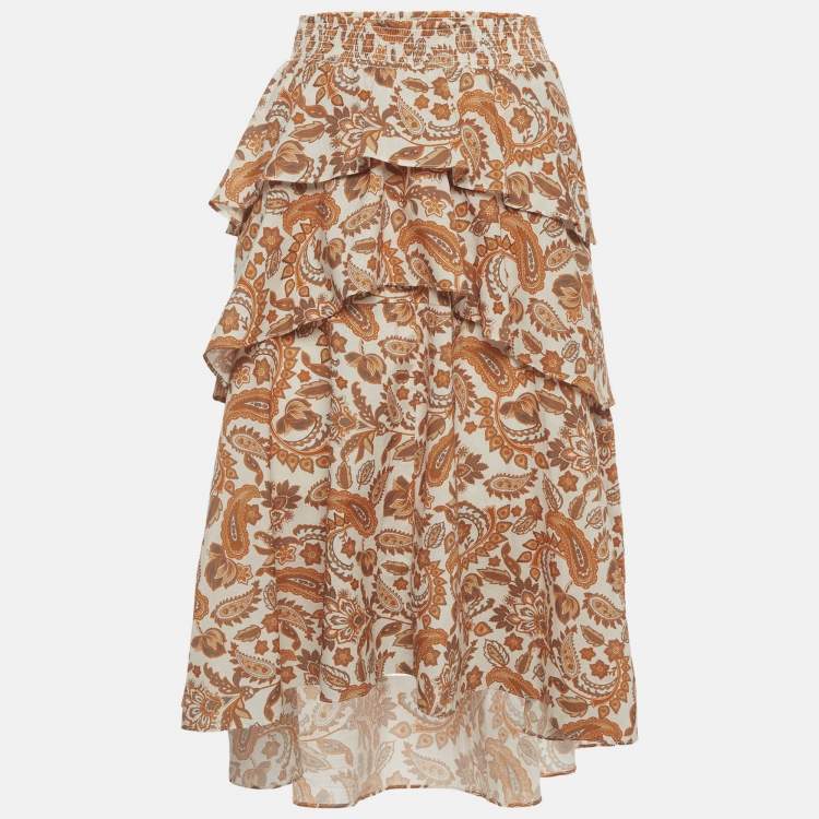 Pre Owned Maje Off-White/Orange Paisley Print Cotton Asymmetrical Midi Skirt S