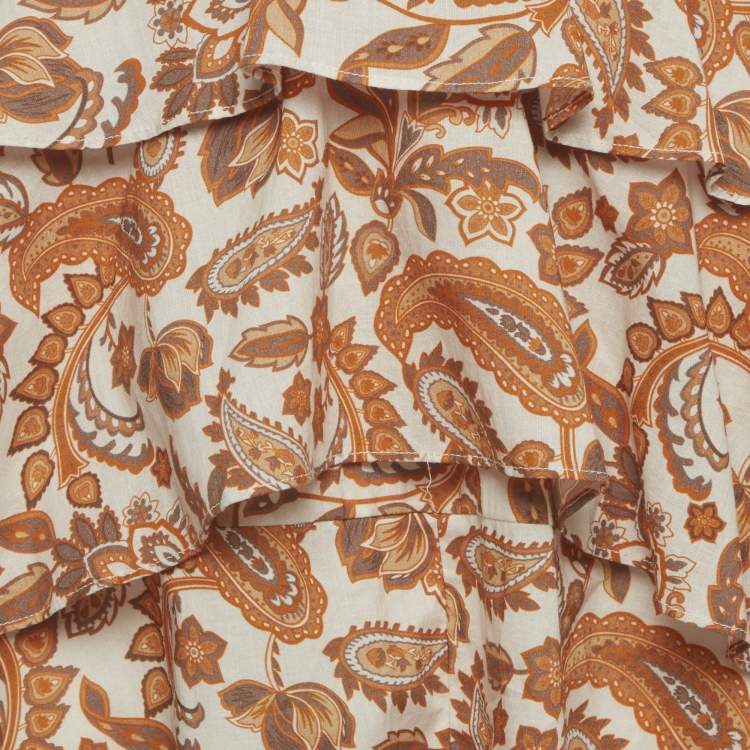 Pre Owned Maje Off-White/Orange Paisley Print Cotton Asymmetrical Midi Skirt S