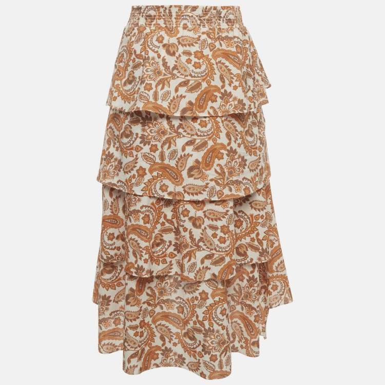 Pre Owned Maje Off-White/Orange Paisley Print Cotton Asymmetrical Midi Skirt S