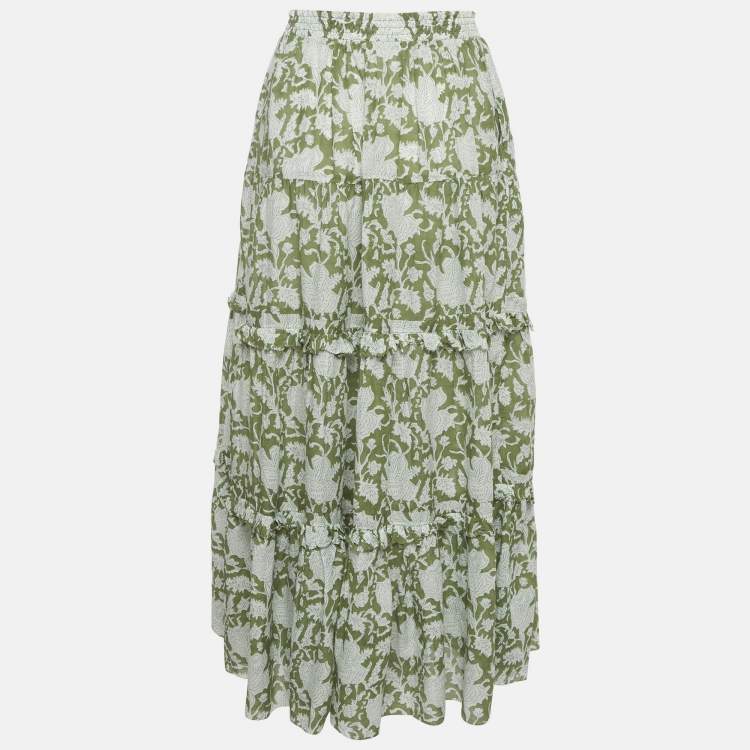 Pre Owned Maje Green Jitale Printed Ruffled Maxi Skirt S