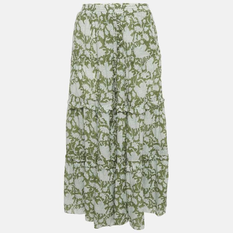 Pre Owned Maje Green Jitale Printed Ruffled Maxi Skirt S