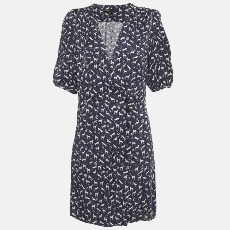 Pre Owned Maje Navy Blue Horse Print Jacquard Mini Wrap Dress M