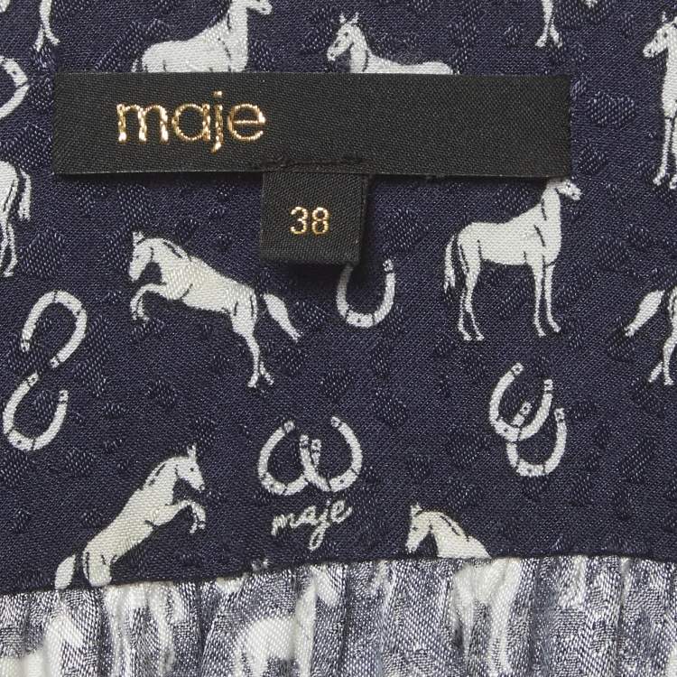 Pre Owned Maje Navy Blue Horse Print Jacquard Mini Wrap Dress M
