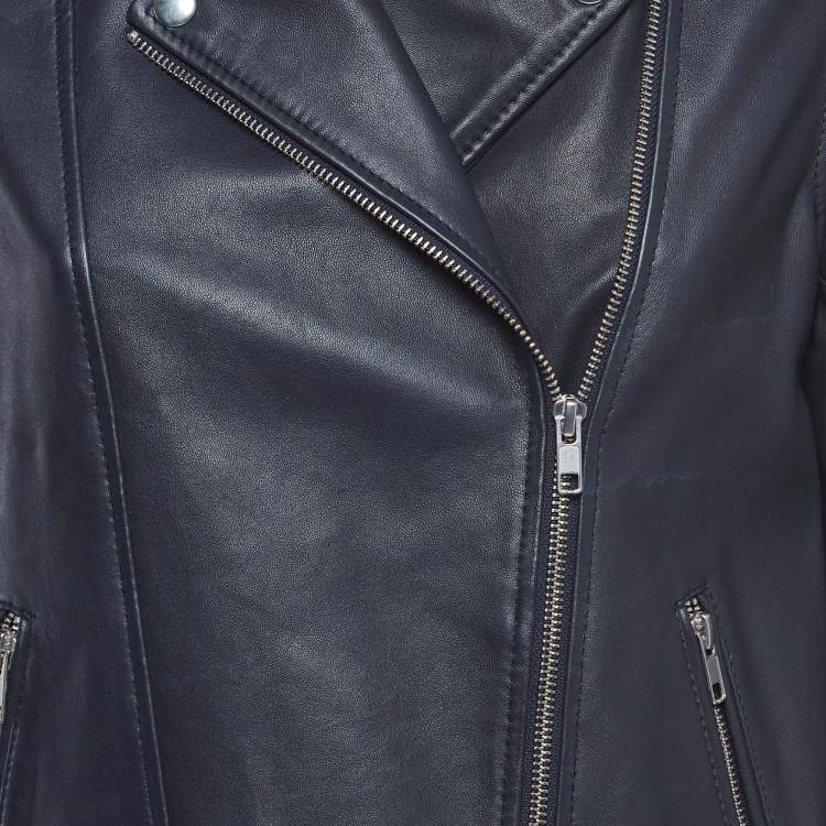 Pre Owned Maje Midnight Blue Lamb Leather Fringed Biker Jacket L