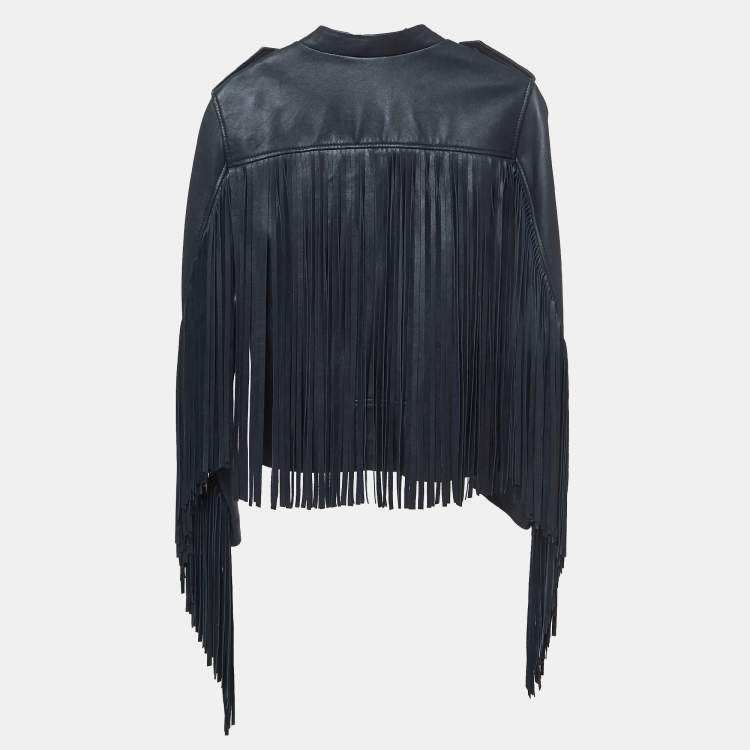 Pre Owned Maje Midnight Blue Lamb Leather Fringed Biker Jacket L