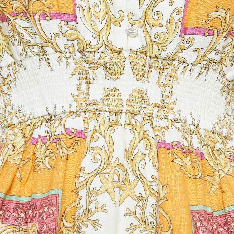 مملوكة مسبقًا Maje Orange Scarf Print Linen Cutout Mini Dress S