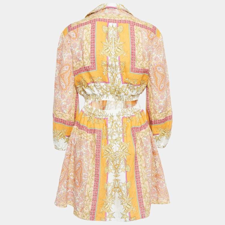 مملوكة مسبقًا Maje Orange Scarf Print Linen Cutout Mini Dress S