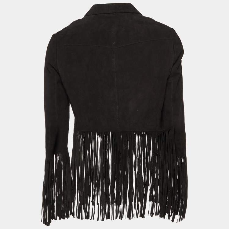 Pre Owned Maje Black Suede Leather Fringed Crop Jacket M