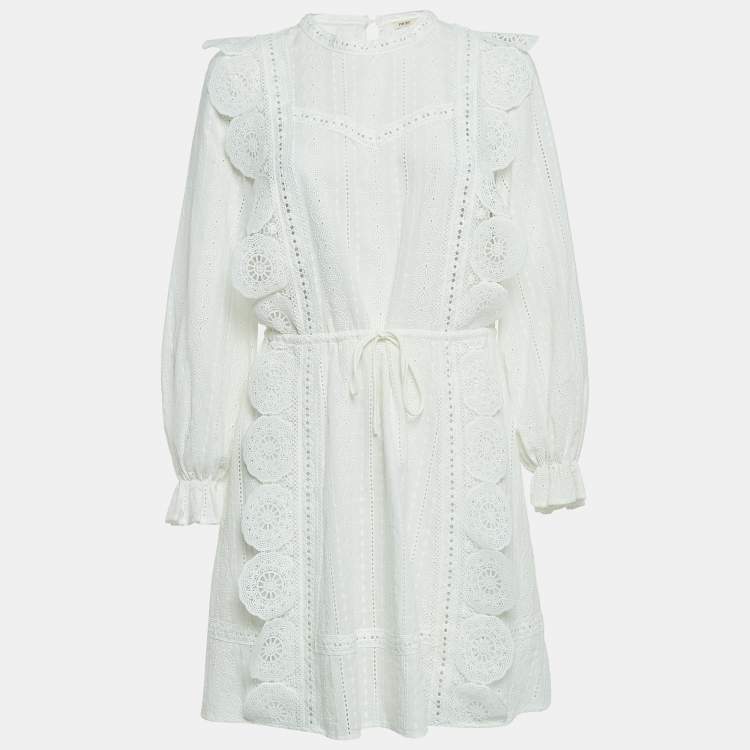 Pre Owned Maje White Ravia Cotton Lace Long Sleeve Mini Dress M