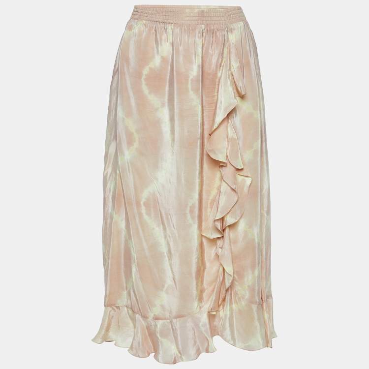 Pre Owned Maje Beige Tie Dye Satin Jitye Ruffled Midi Skirt S