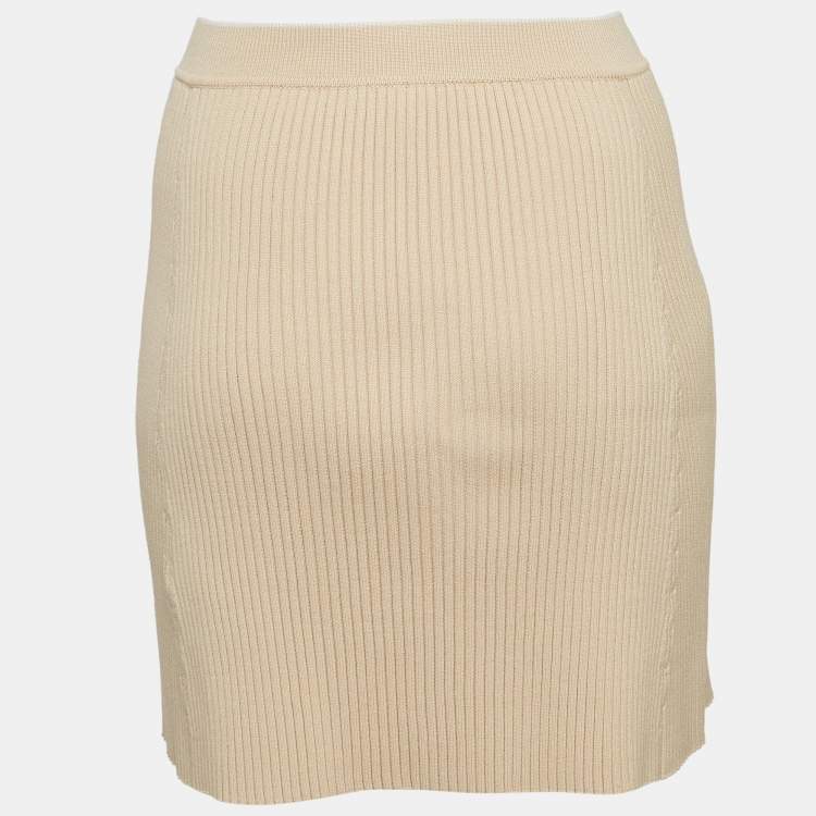 Pre Owned Maje Beige Ribbed Knit Buttoned Mini Skirt M