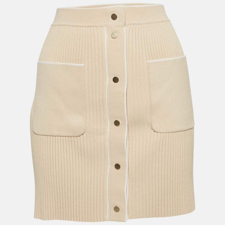 Pre Owned Maje Beige Ribbed Knit Buttoned Mini Skirt M