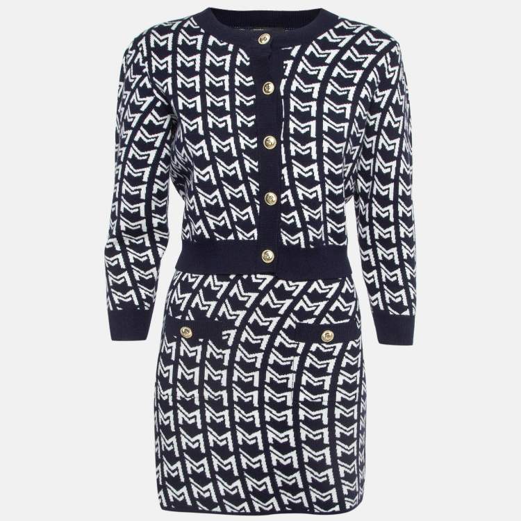 Pre Owned Maje Navy Blue/White Monogram Knit Cardigan and Mini Skirt Set S/XS