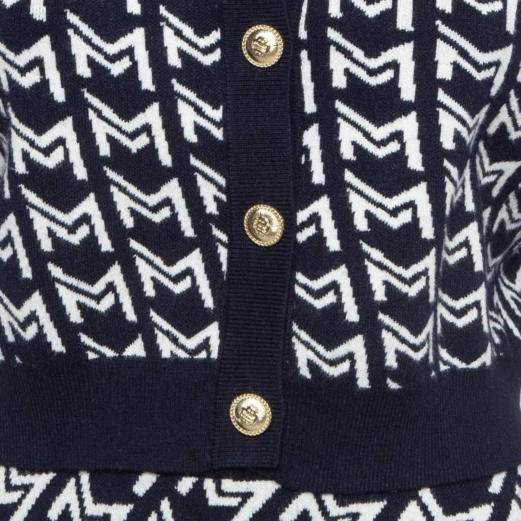Pre Owned Maje Navy Blue/White Monogram Knit Cardigan and Mini Skirt Set S/XS