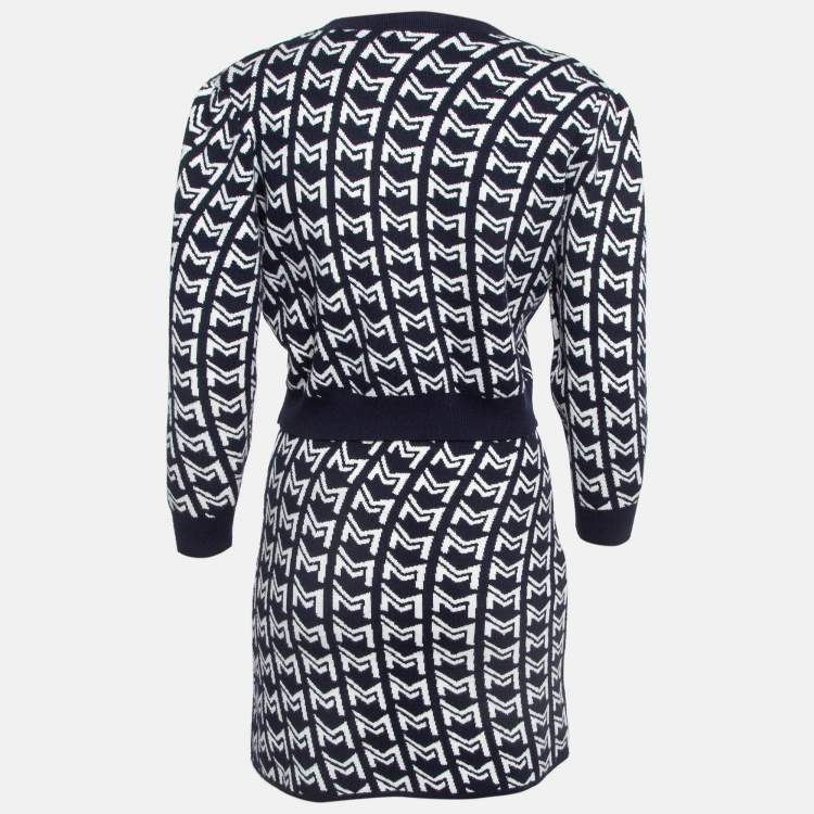 Pre Owned Maje Navy Blue/White Monogram Knit Cardigan and Mini Skirt Set S/XS