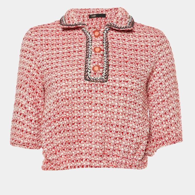 Pre Owned Maje Red Tweed Polo Cropped Shirt M