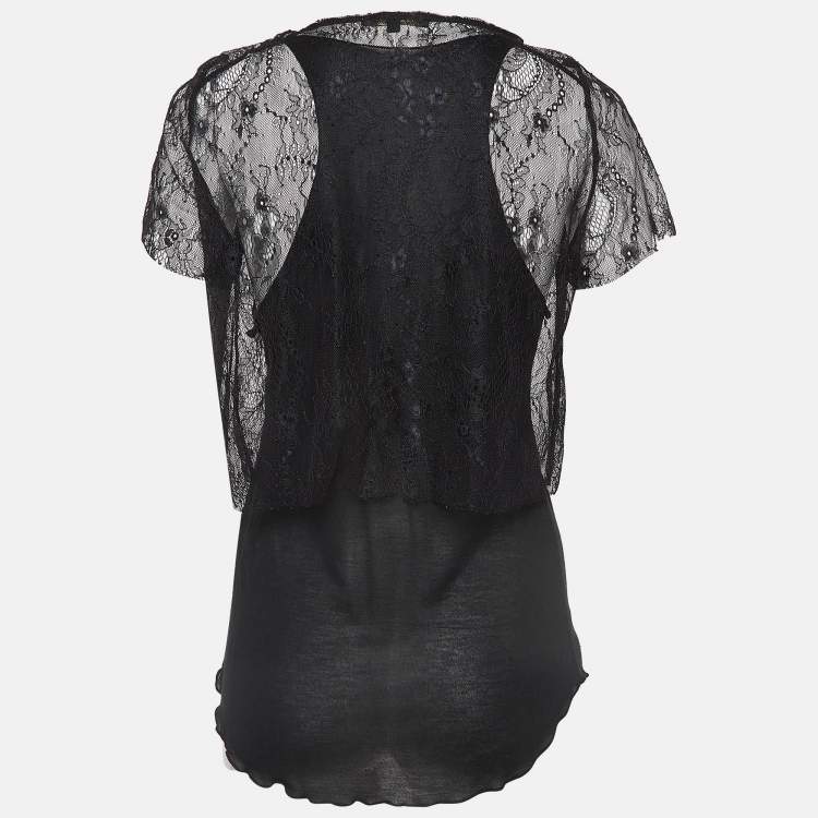 Pre Owned Maje Black Patterned Lace and Knit Layered Top L