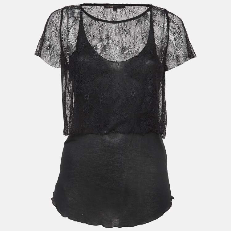 Pre Owned Maje Black Patterned Lace and Knit Layered Top L