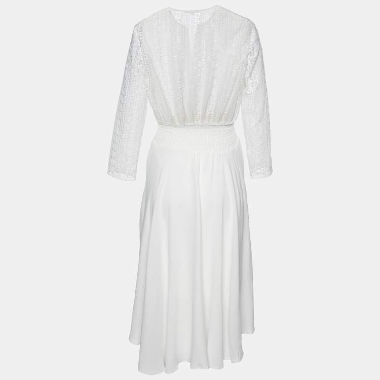 Pre Owned Maje White Lace & Crepe Flared Midi Dress S