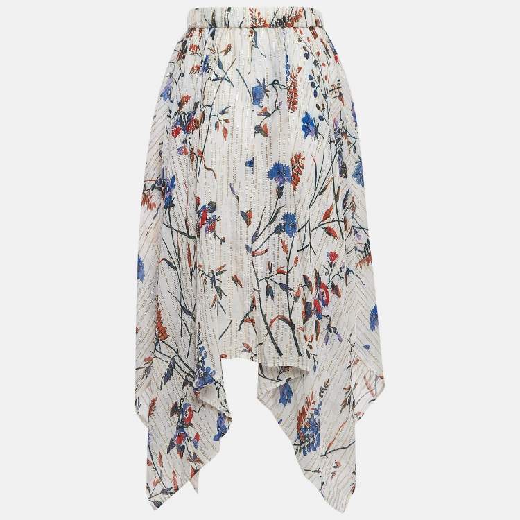 Pre Owned Maje White Printed Lurex Asymmetric Midi Skirt S