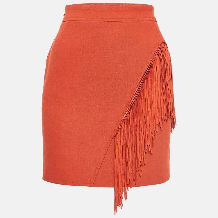 Pre Owned Maje Orange Crepe Fringe Detail  Mini Skirt S