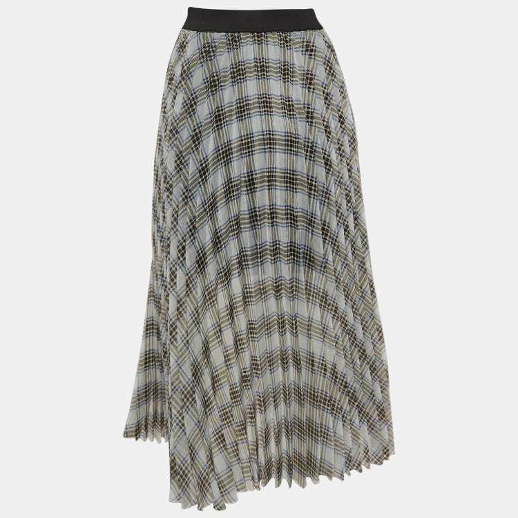 Pre Owned Maje White/Black Checked Chiffon Midi Skirt M