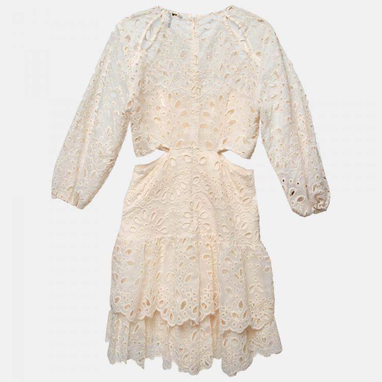 Pre Owned Maje Beige Eyelet Embroidered Cut-Out Mini Dress S
