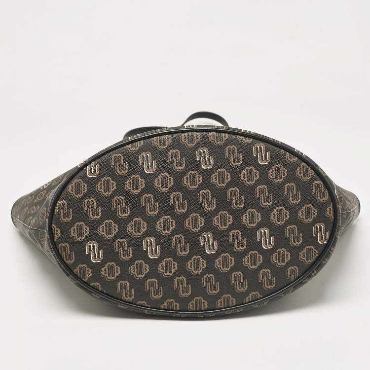 Pre Owned Maje Black Monogram Print Coated Canvas and Leather Clover Tote