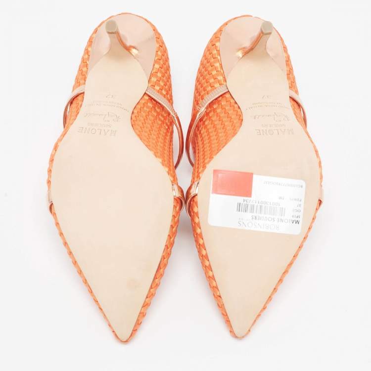 مملوكة مسبقًا Malone Souliers Orange/Rose Gold Woven Satin and Leather Maureen Mules Size 37