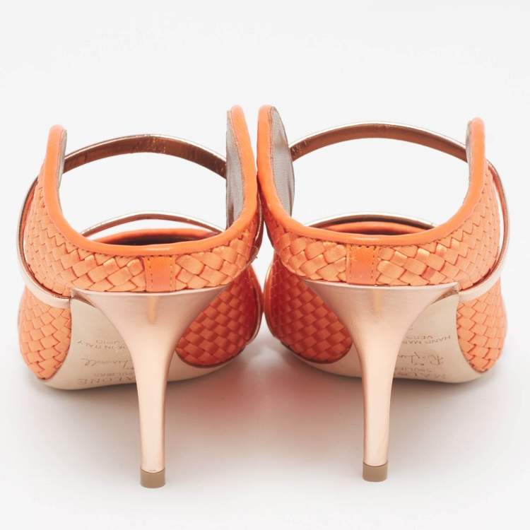 مملوكة مسبقًا Malone Souliers Orange/Rose Gold Woven Satin and Leather Maureen Mules Size 37