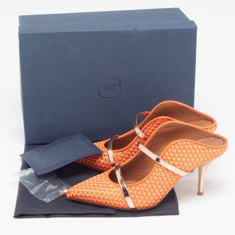 مملوكة مسبقًا Malone Souliers Orange/Rose Gold Woven Satin and Leather Maureen Mules Size 37