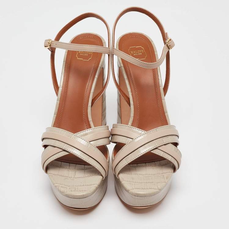 مملوكة مسبقًا Malone Souliers Grey Croc Embossed Leather Mila Platform Sandals Size 39