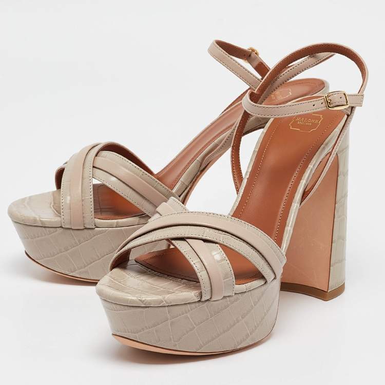 مملوكة مسبقًا Malone Souliers Grey Croc Embossed Leather Mila Platform Sandals Size 39